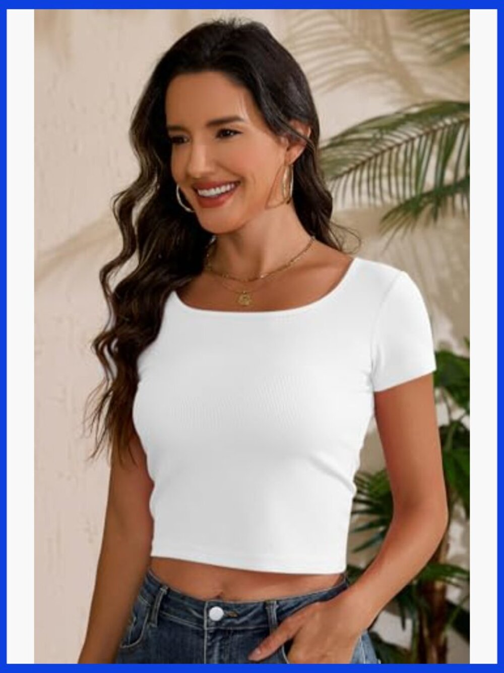 Crop Tops Summer Ribbed Basic Scoop Neck T-Shirt - Picture 3 of 6
